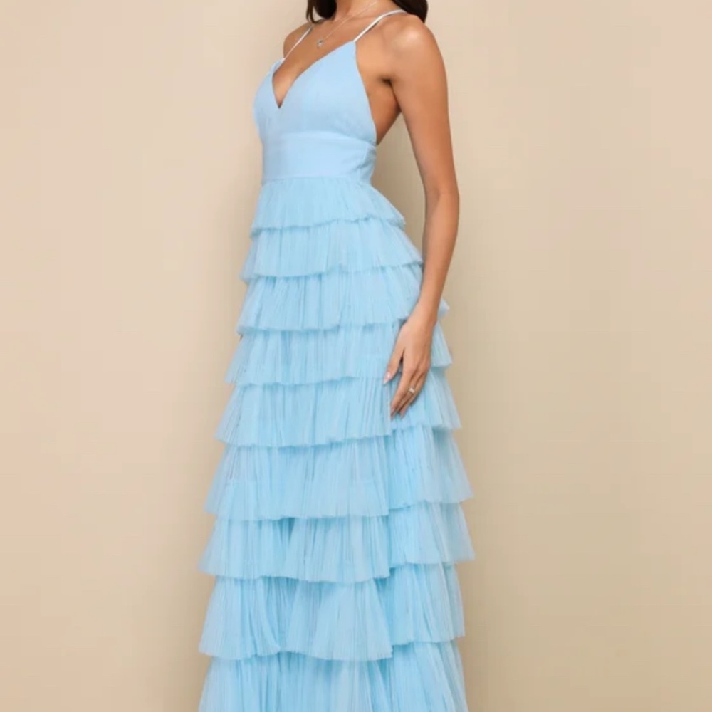 Radiant Event Light Blue Mesh Tiered Pleated Backless Maxi Dress Radiant Event